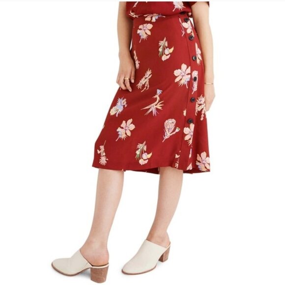 Madewell Burgundy Red Bird Of Paradise Side Button Floral Midi A-line Skirt Zero - Picture 1 of 12